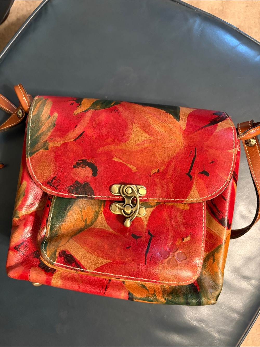 Patricia Nash Red Floral Painted Leather Crossbody